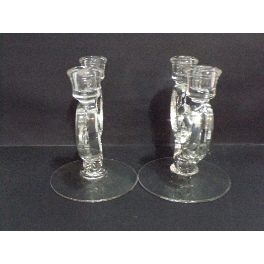 Vintage Pair Art Deco Double Arm Swirl Glass Candle Holders Classic Retro